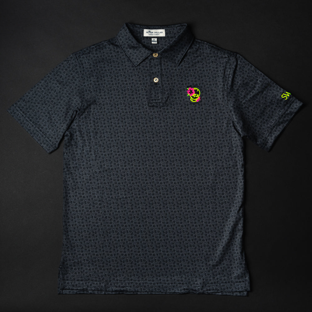 Swag x Peter Millar youth black short sleeve golf polo shirt with hibiscus skull details.