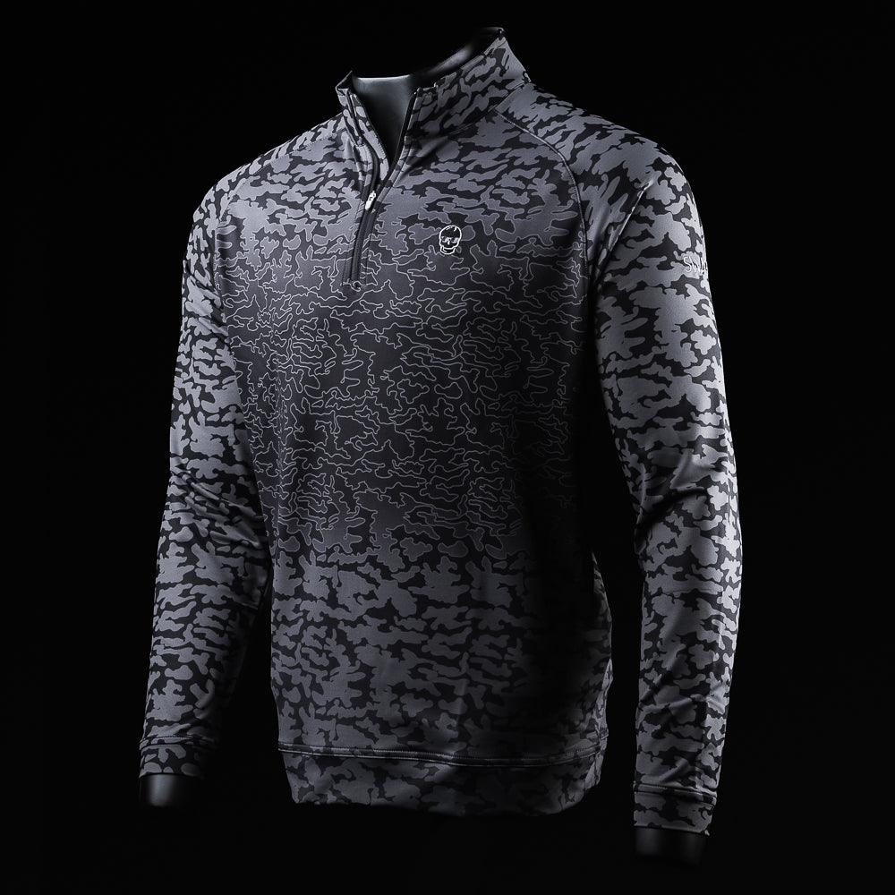 Camouflage pattern quarter zip long sleeve pullover shirt.