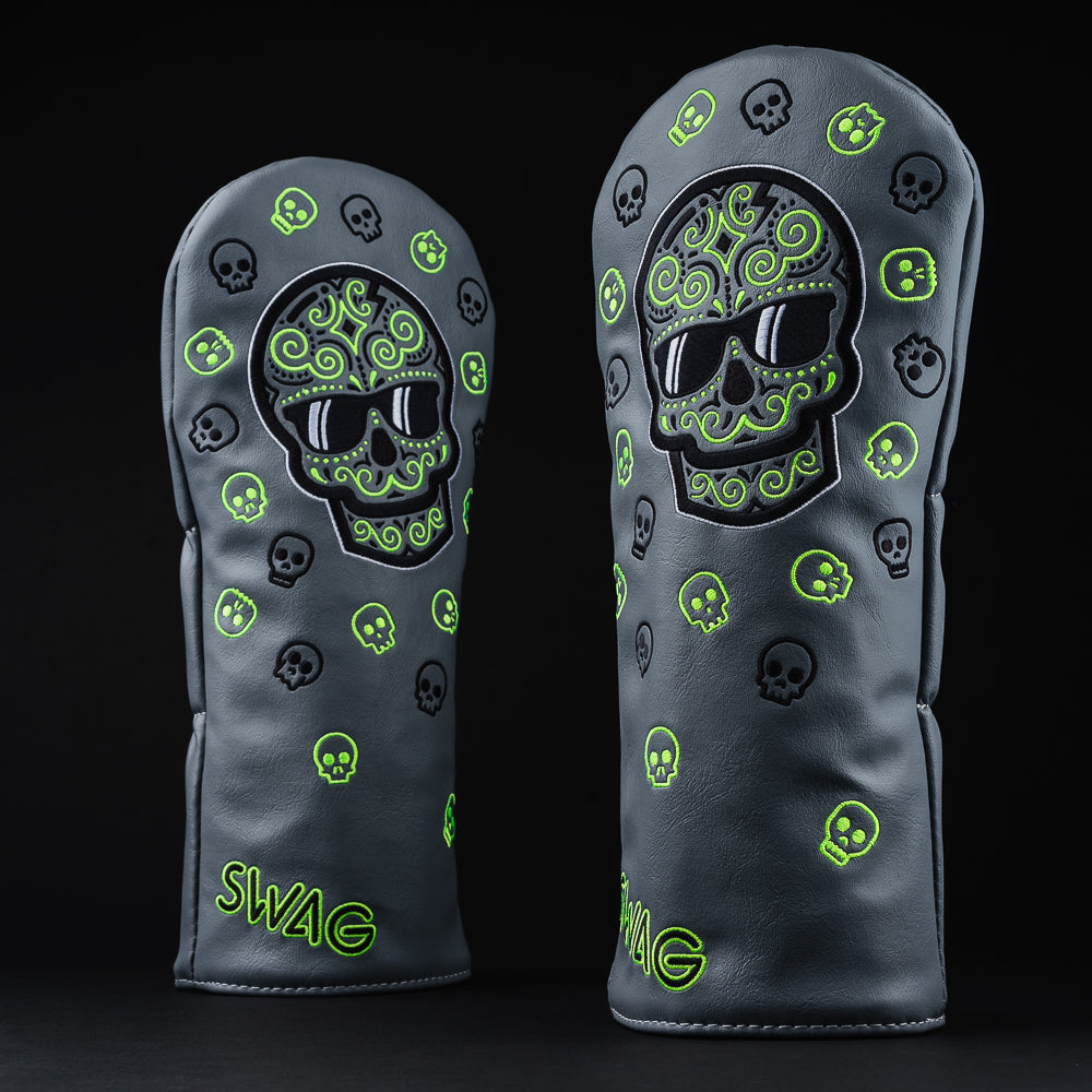 Swag Sugar skull gray and green driver golf club head cover made in the USA.
