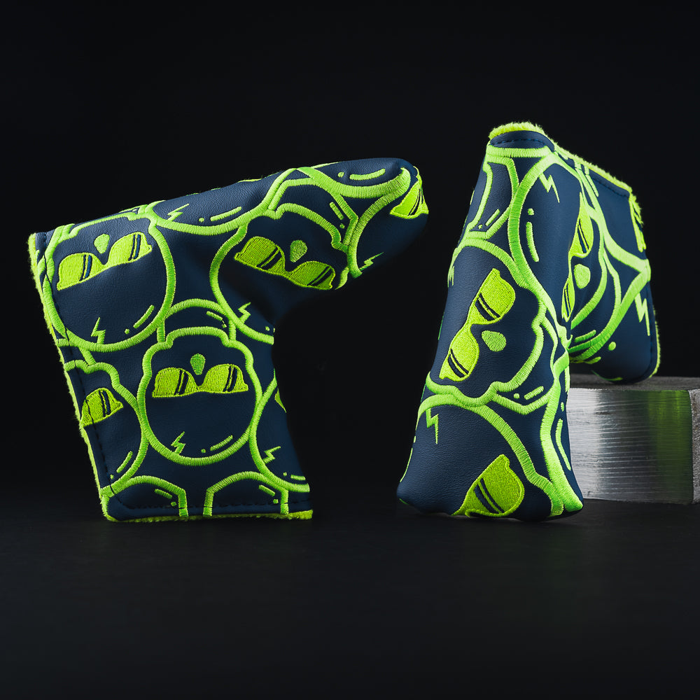 Blue and green Swag skulls blade golf putter head cover made in the USA.