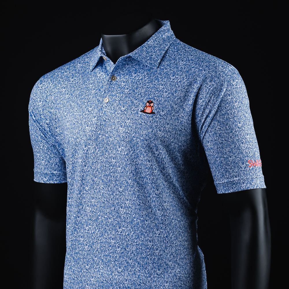 Men's blue short sleeve polo shirt with Caddyshack orange gopher detail.