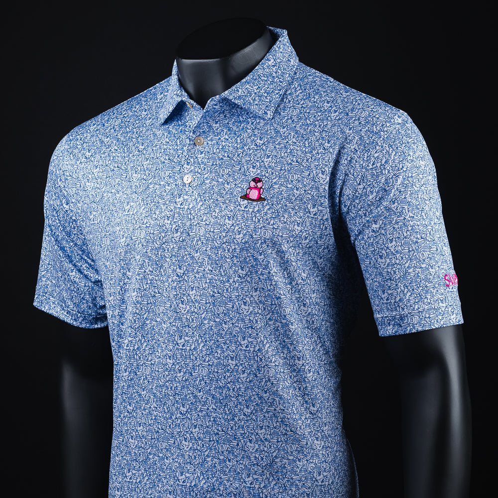 Men's blue short sleeved polo shirt with Caddyshack pink gopher detail.