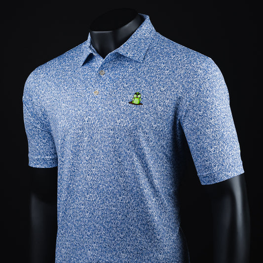 Men's blue short sleeve polo shirt with Caddyshack green gopher detail.