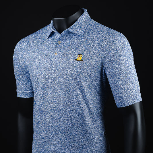 Men's blue short sleeve polo shirt with Caddyshack yellow gopher detail.