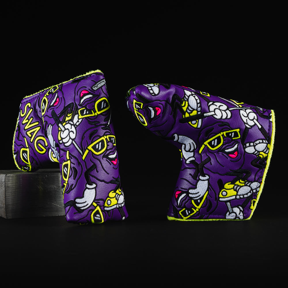 Swag Raisins purple and yellow blade putter golf club head cover made in the USA.