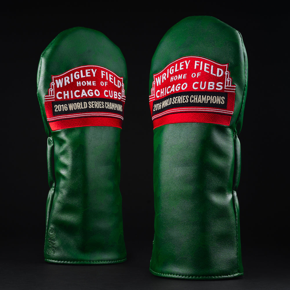 Officially licensed MLB Chicago Cubs Wrigley Field marquee sign green and red driver golf club head cover made in the USA.