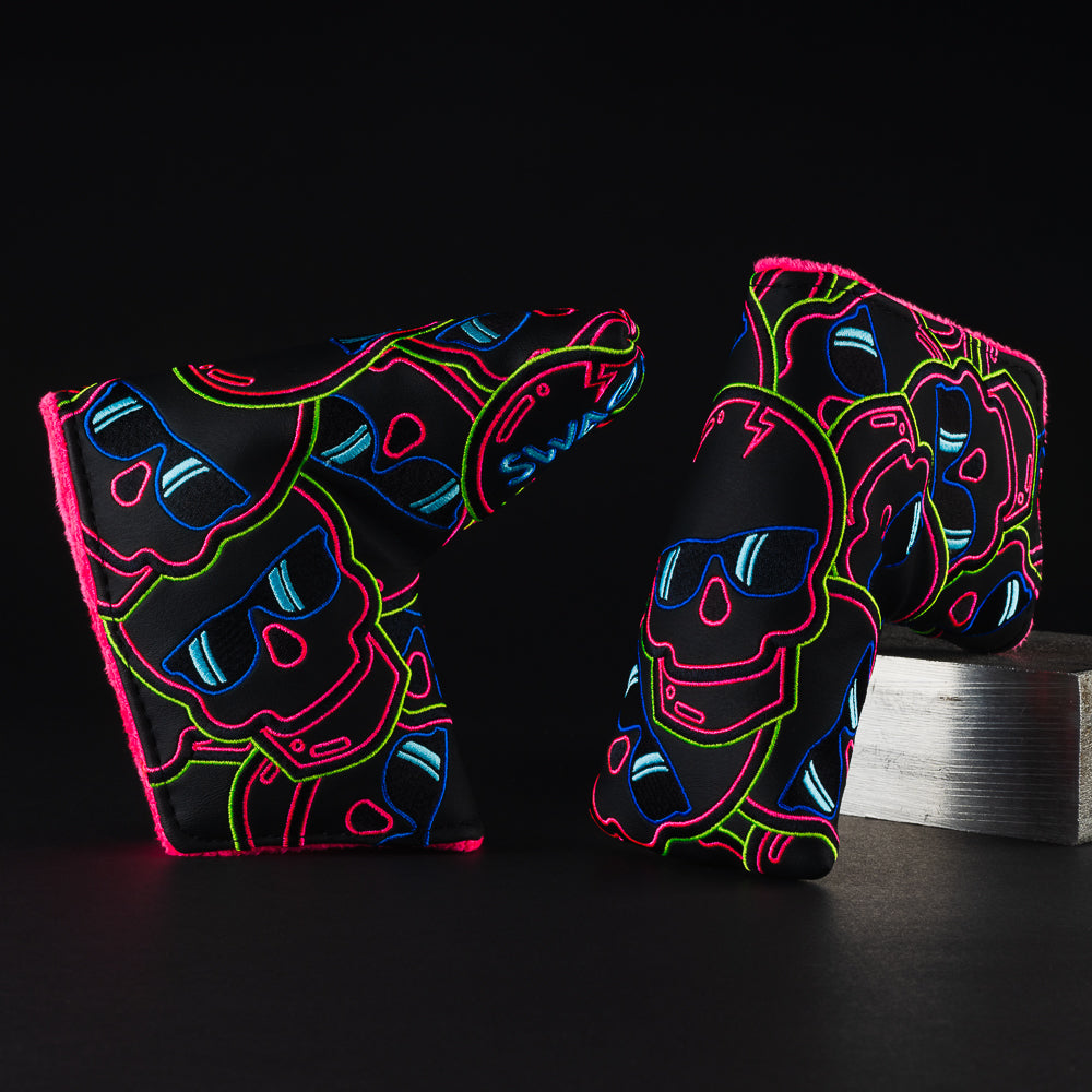 Eclipse stacked skull 2.0 black, pink, green and blue blade putter golf club head cover made in the USA.