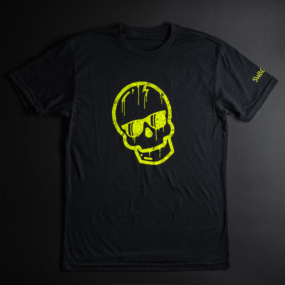 Black men's short sleeve t-shirt with a neon yellow dripping Swag skull design on the front and Swag logo on the sleeve.