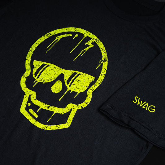 Black men's short sleeve t-shirt with a neon yellow dripping Swag skull design on the front and Swag logo on the sleeve.