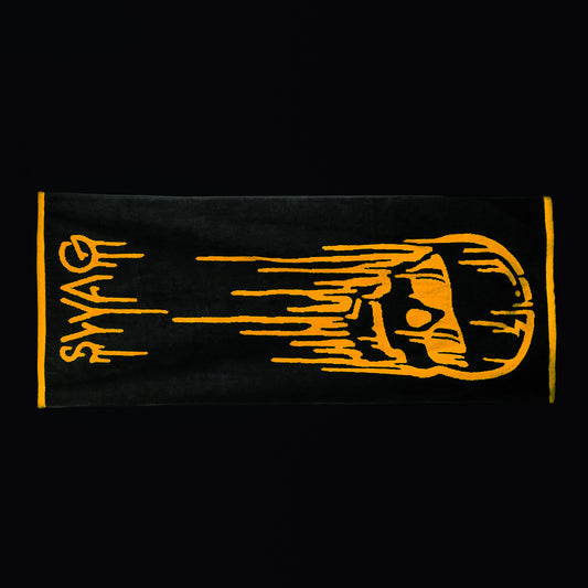 Swag dripping skull black golf towel with orange accents.