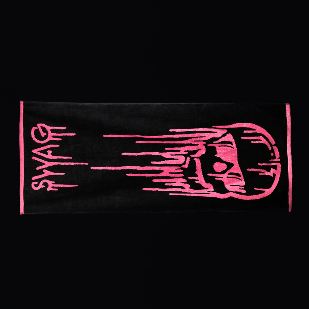 Swag dripping skull black golf towel with pink accents.