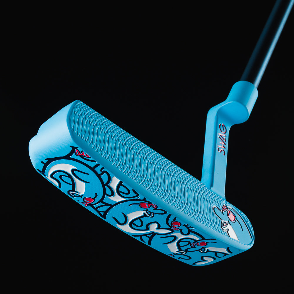 Stacked flipper handsome one blue dolphin themed blade stainless steel golf putter made in the USA.