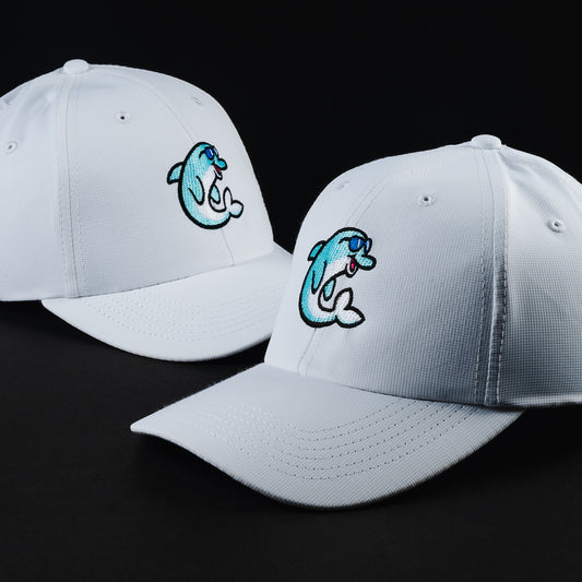Swag x Imperial flipper dolphin embroidered white men's golf hat.