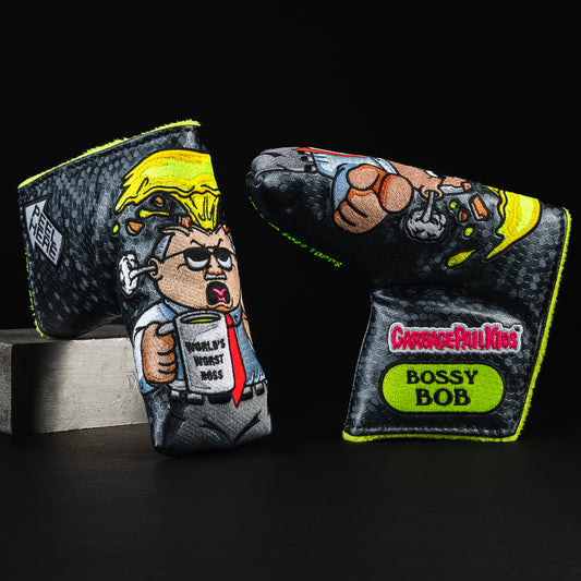 Garbage Pail Kids officially licensed black and yellow Bossy Bob themed blade putter golf club head cover made in the USA.