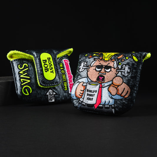 Garbage Pail Kids officially licensed Bossy Bob themed black and yellow mallet putter golf club head cover made in the USA.
