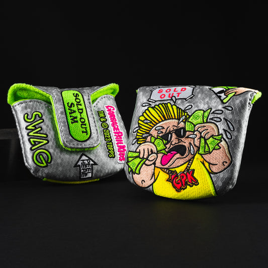 Garbage Pail Kids officially licensed Sold Out Sam gray, green and yellow mallet putter golf club head cover made in the USA.