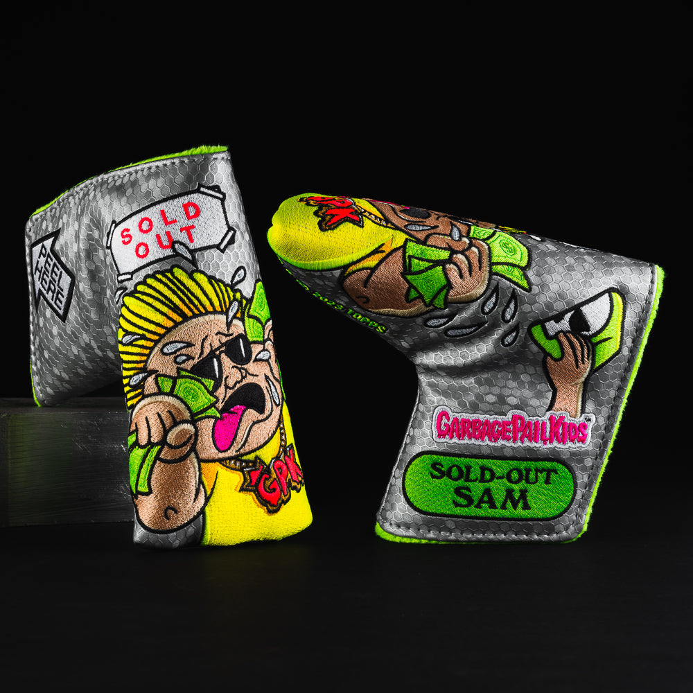 Garbage Pail Kids officially licensed Sold Out Sam themed grey, green and yellow blade putter golf club head cover made in the USA.