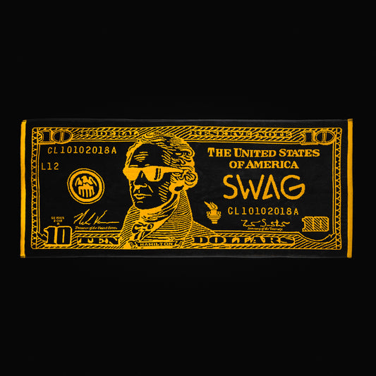 Broadway Hamilton $10 themed black and gold colored golf towel.