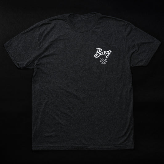 Swag Golf black short sleeve t-shirt with hula girl and skull graphics.