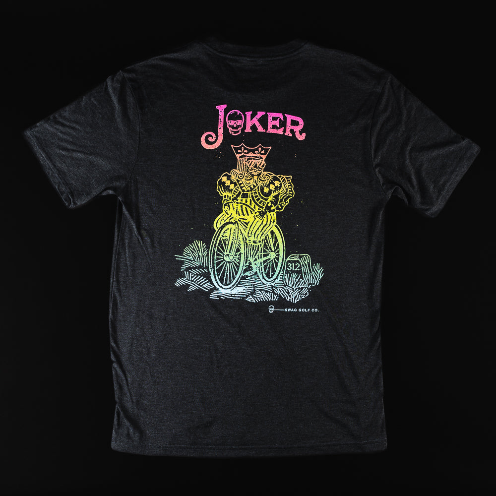 Swag Golf black t-shirt with rainbow colored graphic of a king riding a bicycle.