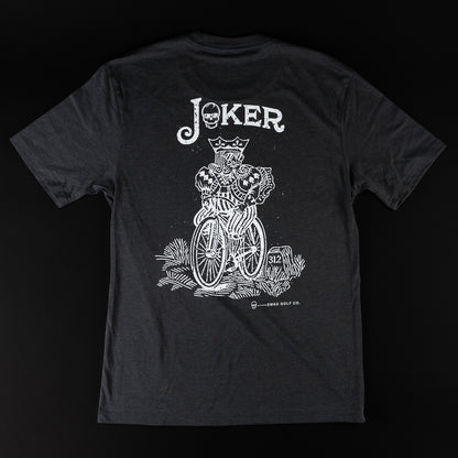 Swag black t-shirt with white graphic of a king riding a bicycle.