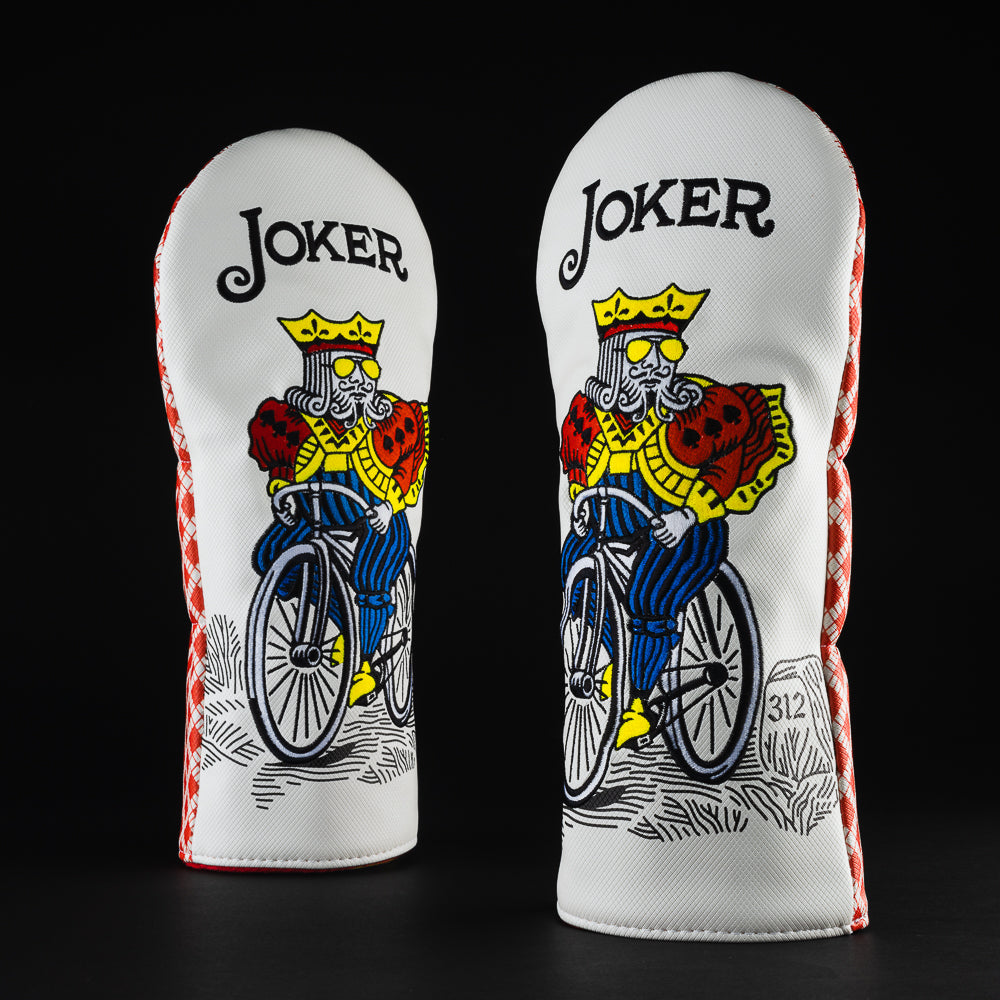 Joker bicycle King white and red card themed driver club head cover made in the USA.