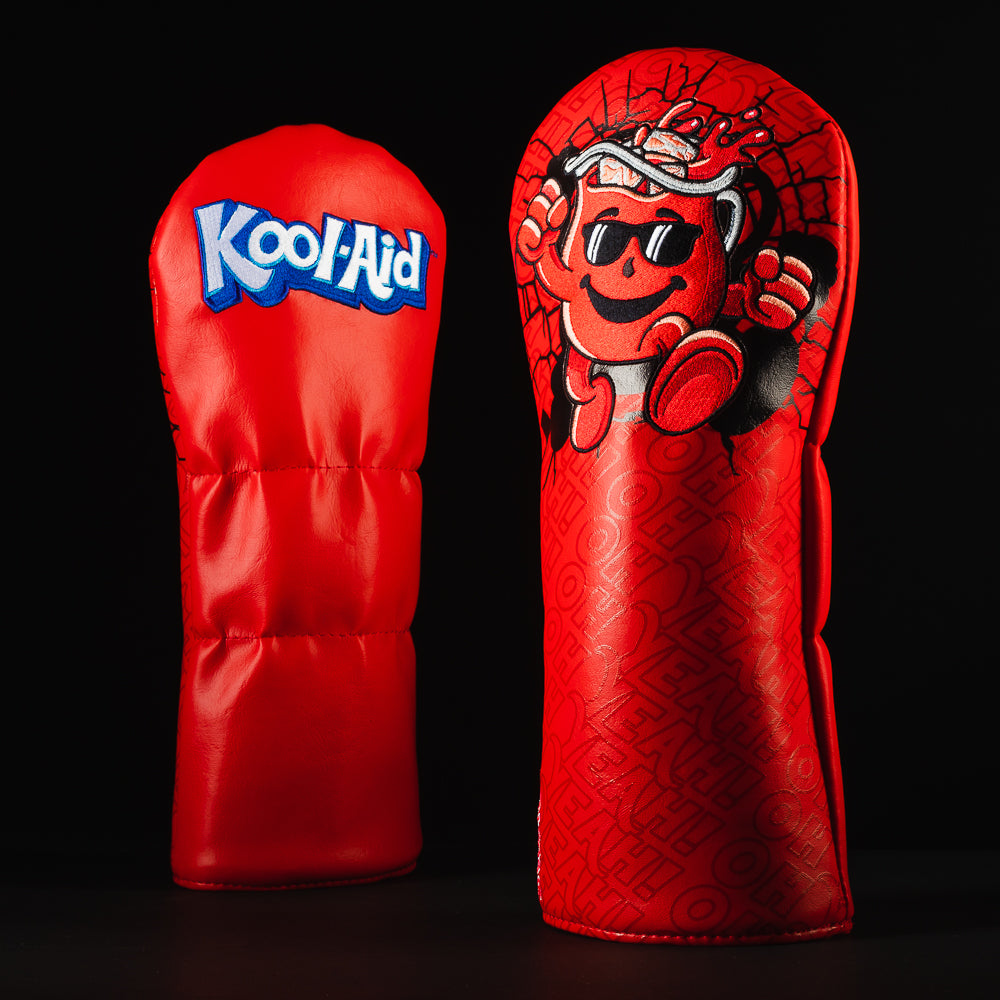 Officially licensed Kool-Aid red cherry themed driver golf club head cover made in the USA.