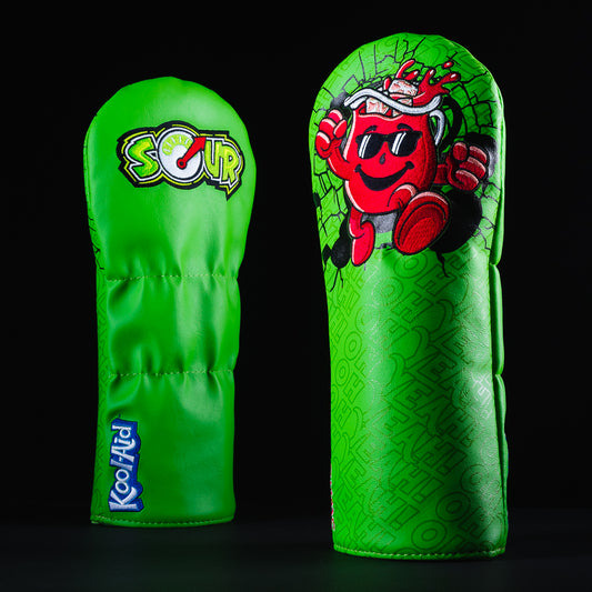 Officially licensed Kool-Aid sour snappin' green apple themed driver golf club head cover made in the USA.