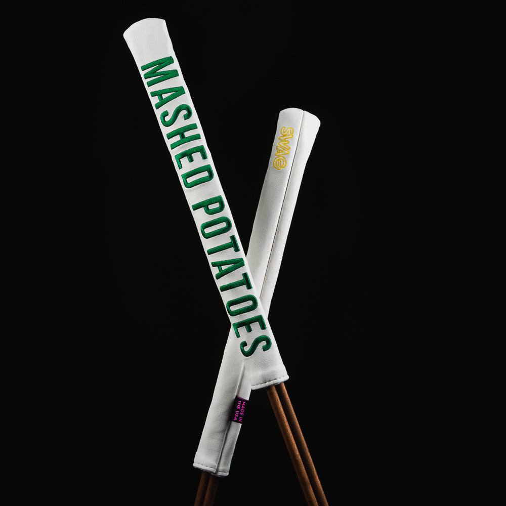 Mashed potatoes banned phrases white and green golf alignment stick cover accessory. Made in the USA.