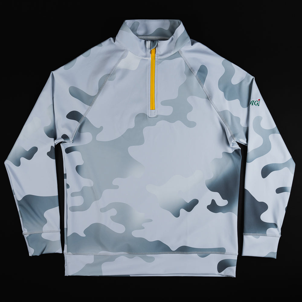 Swag x G/FORE grey camo men's long sleeve quarter zip pullover with Augusta Swag script on the sleeve.