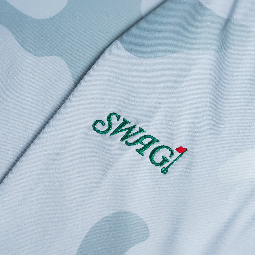 Swag x G/FORE grey camo men's long sleeve quarter zip pullover with Augusta Swag script on the sleeve.