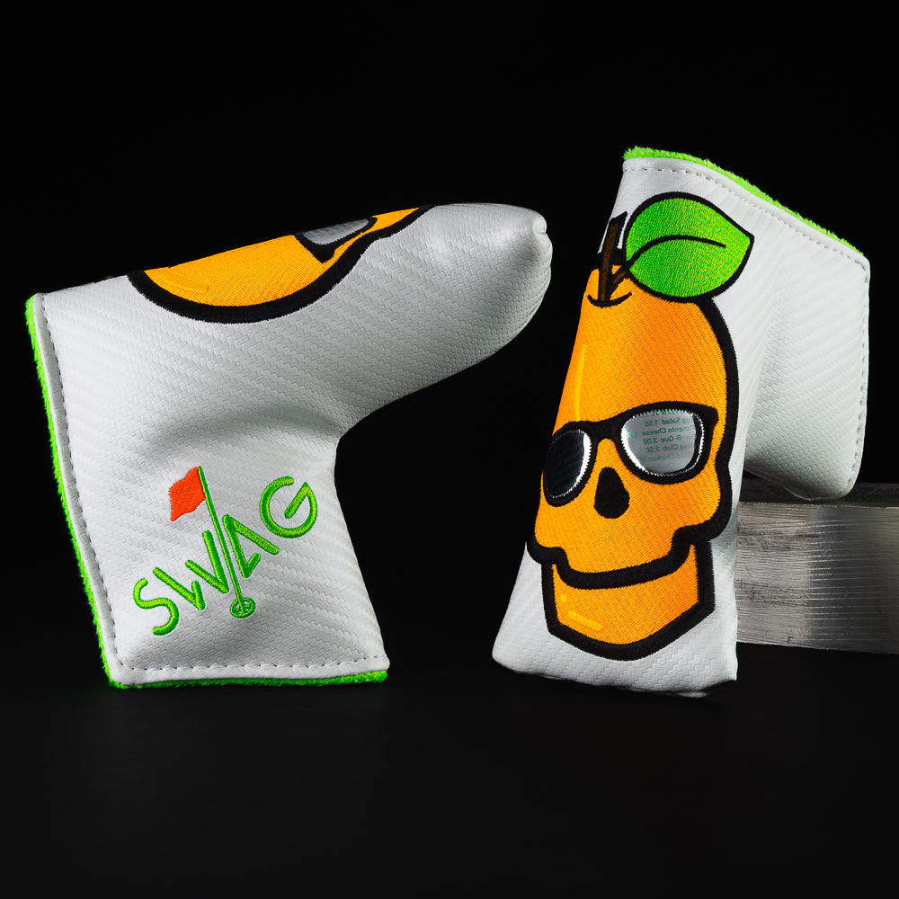 Swag peach Augusta menu glasses white, orange and green blade putter golf club head cover made in the USA.