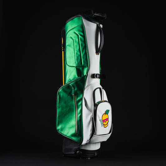 Swag x Vessel Augusta peach green and white golf clubs stand bag.