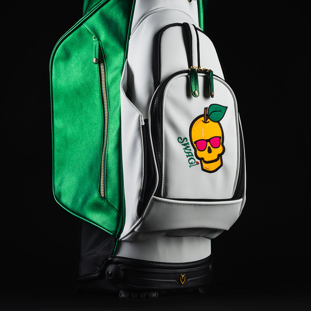 Swag x Vessel Augusta peach green and white golf clubs stand bag.