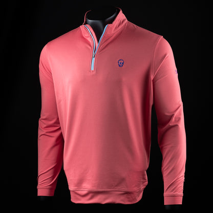 Men's red quarter zip long sleeve pullover shirt.