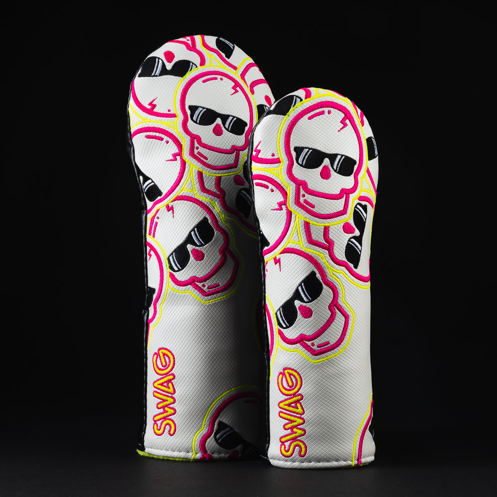 Neon yellow and pink falling skulls fairway and hybrid golf club head cover set made in the USA.