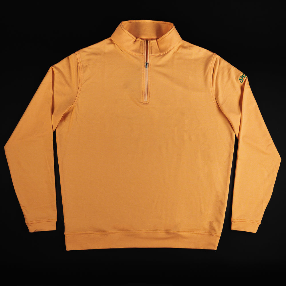 Swag x Peter Millar orange men's long sleeve quarter zip pullover with Augusta Swag script logo on sleeve