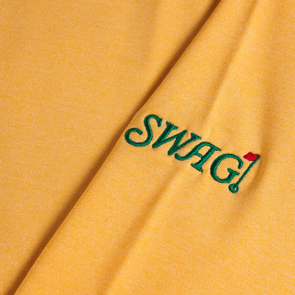 Swag x Peter Millar orange men's long sleeve quarter zip pullover with Augusta Swag script logo on sleeve
