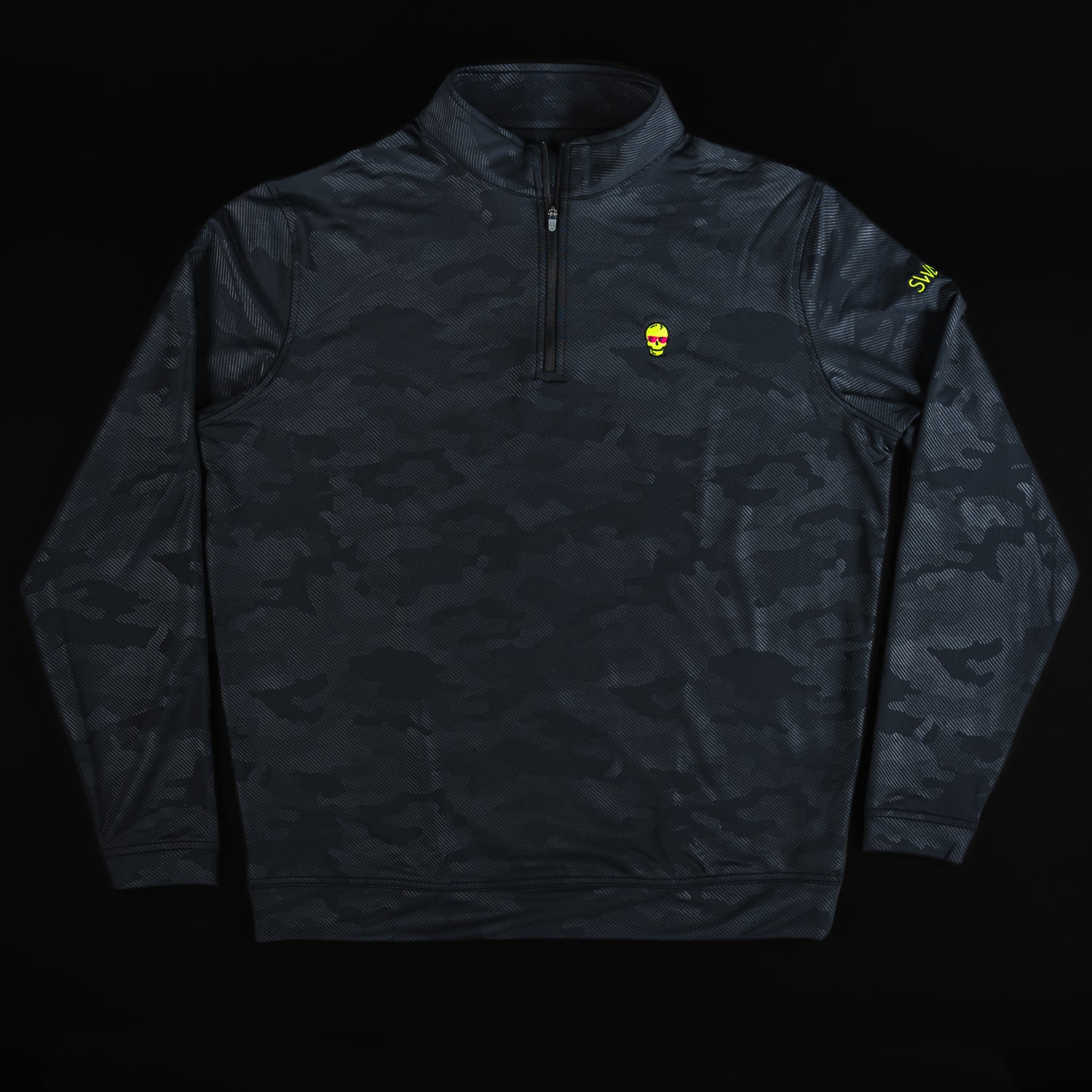Swag x Peter Millar black camo men's long sleeve quarter zip pullover with embroidered skull and swag logo.