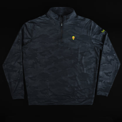 Swag x Peter Millar black camo men's long sleeve quarter zip pullover with embroidered skull and swag logo.