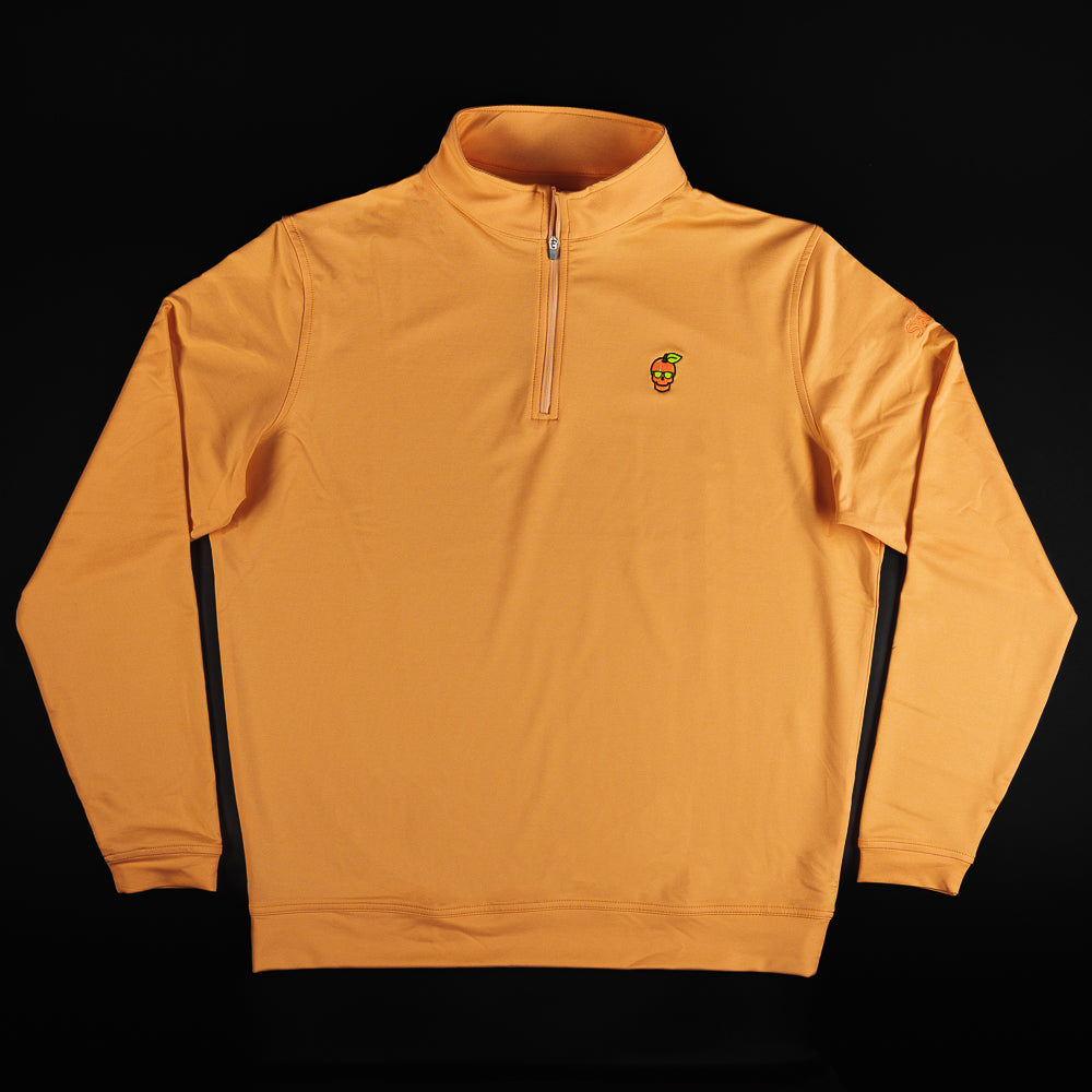 Swag x Peter Millar orange men's long sleeve quarter zip pullover with an embroidered peach on the chest.