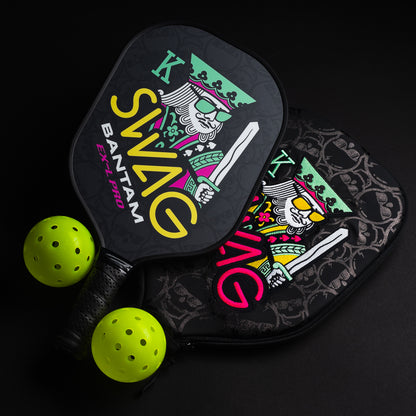 Swag Golf x Paddletek Bantam EX-L Pro Pickleball Paddle set featuring two paddles with embroidered Swag King designed covers and two pickleballs.