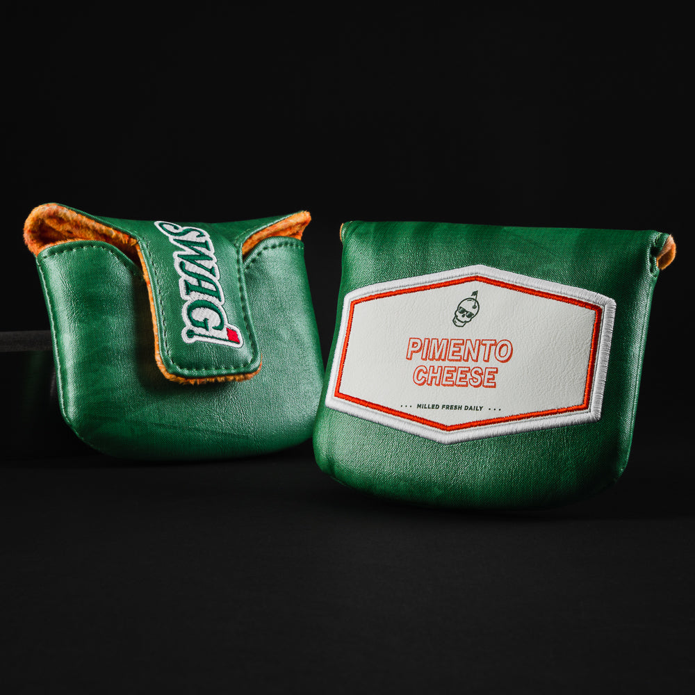 Pimento cheese wrapper themed green, orange and white mallet putter golf club head cover made in the USA.