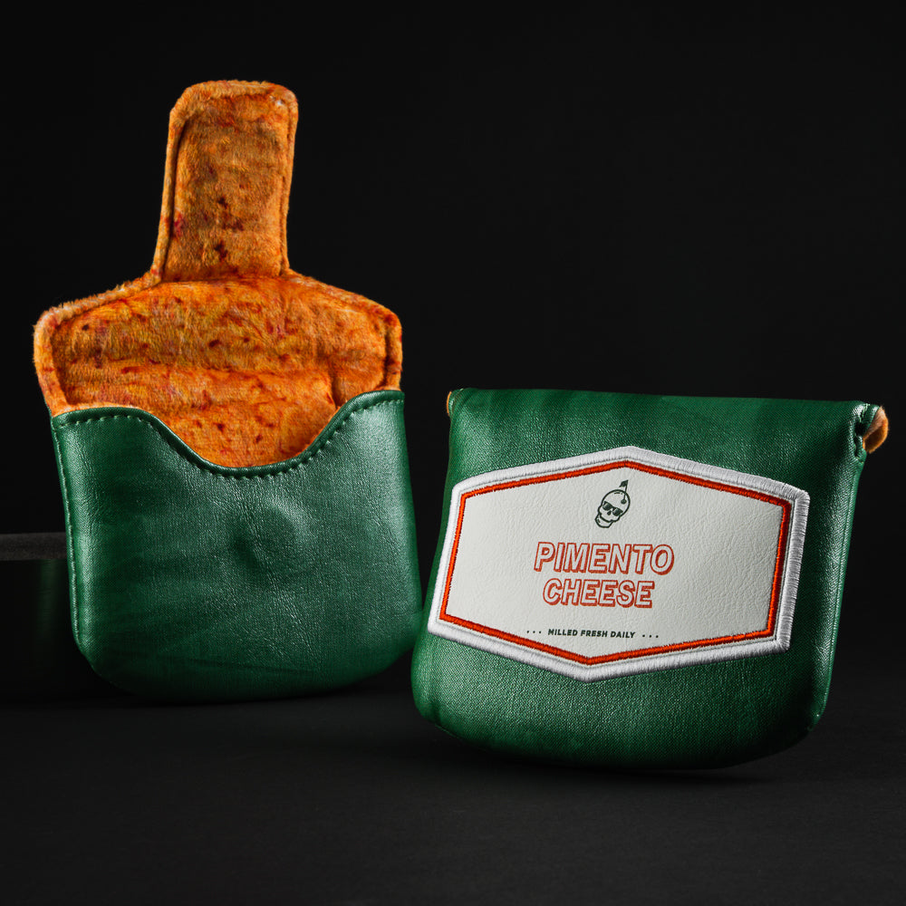 Pimento cheese wrapper themed green, orange and white mallet putter golf club head cover made in the USA.