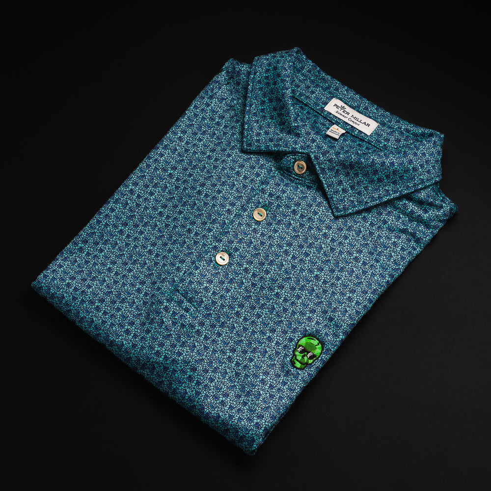 Peter Millar polygon print green Swag skull men's short sleeved golf polo shirt.