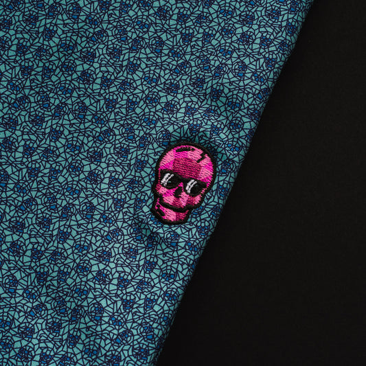 Peter Millar polygon print pink Swag skull men's short sleeved golf polo shirt.