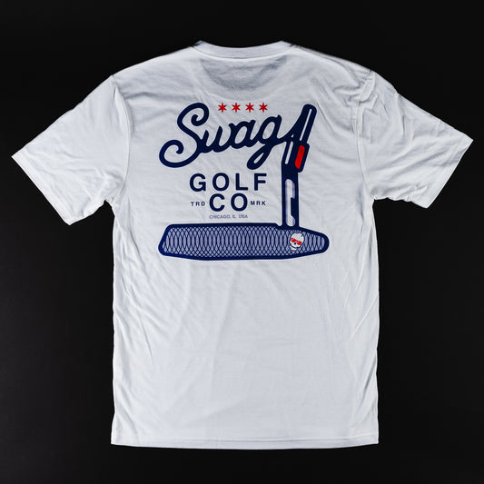 Swag Golf Co white T-shirt with logo on front and large putter graphic on the back.