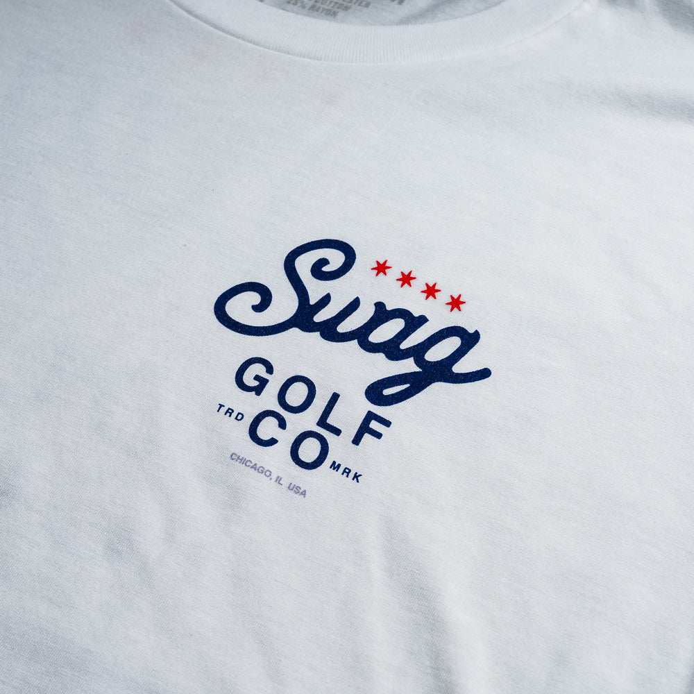 Swag Golf Co white T-shirt with logo on front and large putter graphic on the back.