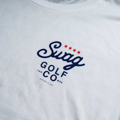 Swag Golf Co white T-shirt with logo on front and large putter graphic on the back.