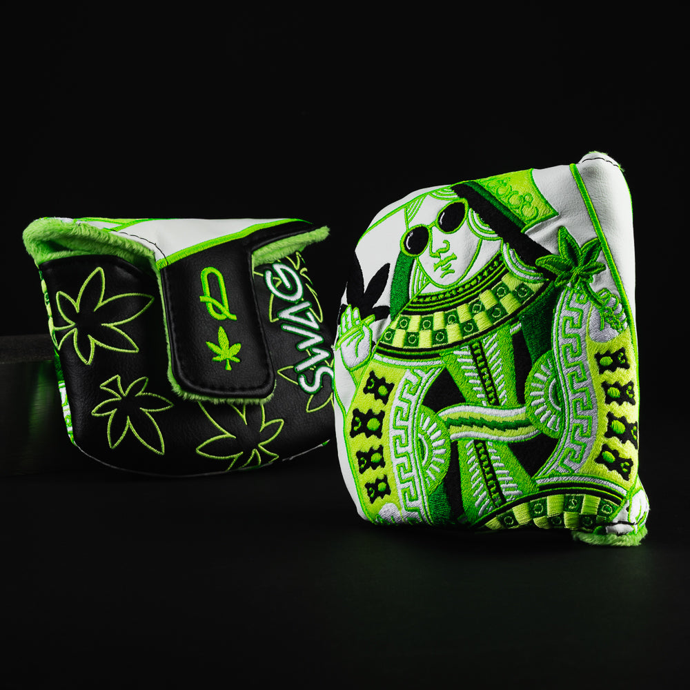 Royal highness queen black, white and green 420 themed mallet putter golf club head cover made in the USA.